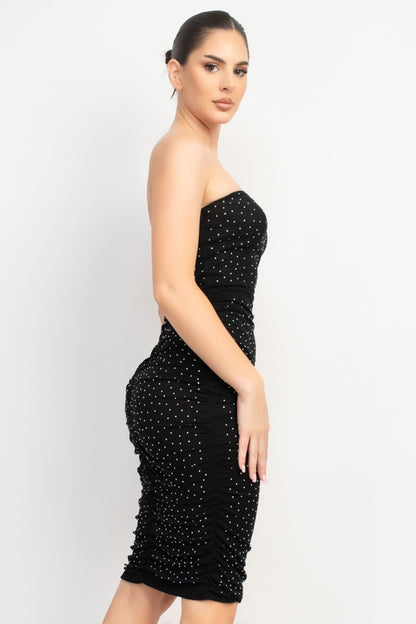 rhinestone studded mesh strapless dress