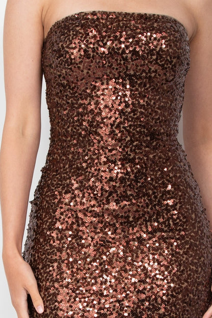 sequin strapless midi dress