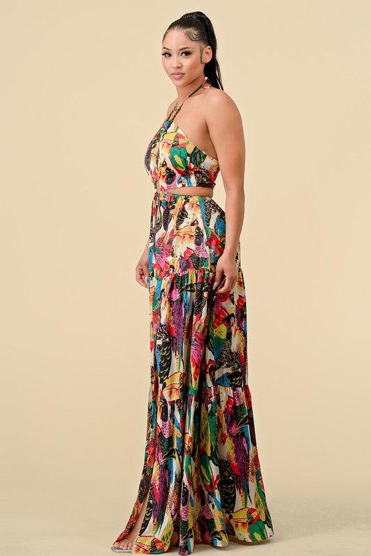 parrot print cut out halter maxi dress - RK Collections Boutique