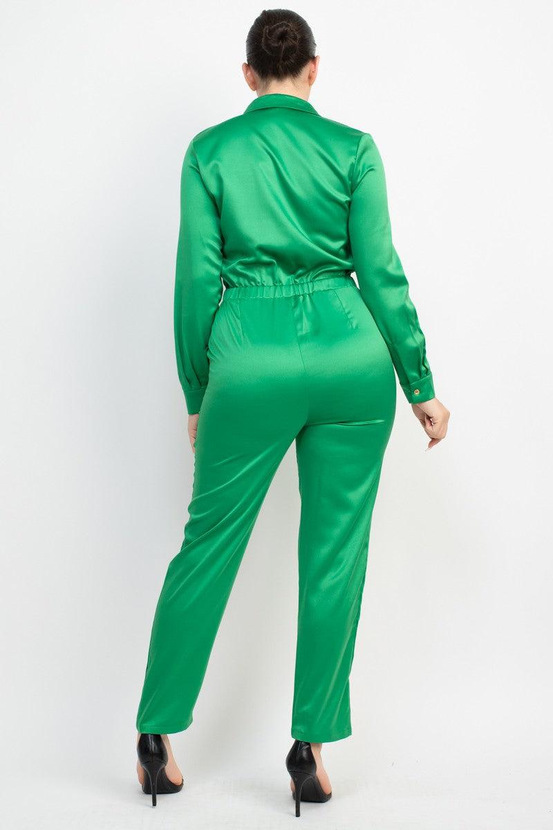 satin long sleeve button down jumpsuit - RK Collections Boutique