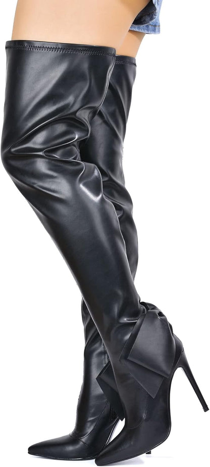 Big Bow Pointy Toe Thigh High Boots