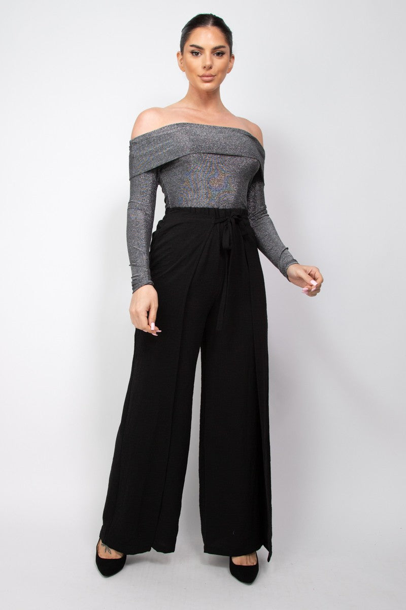 Off-Shoulder Glittery Long Sleeve Bodysuit