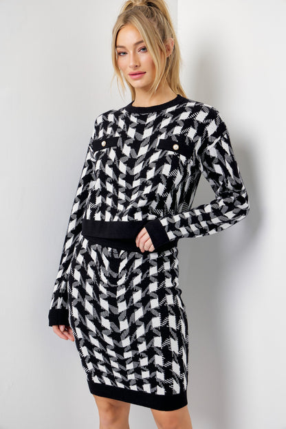 Houndstooth Knit Long Sleeve Top