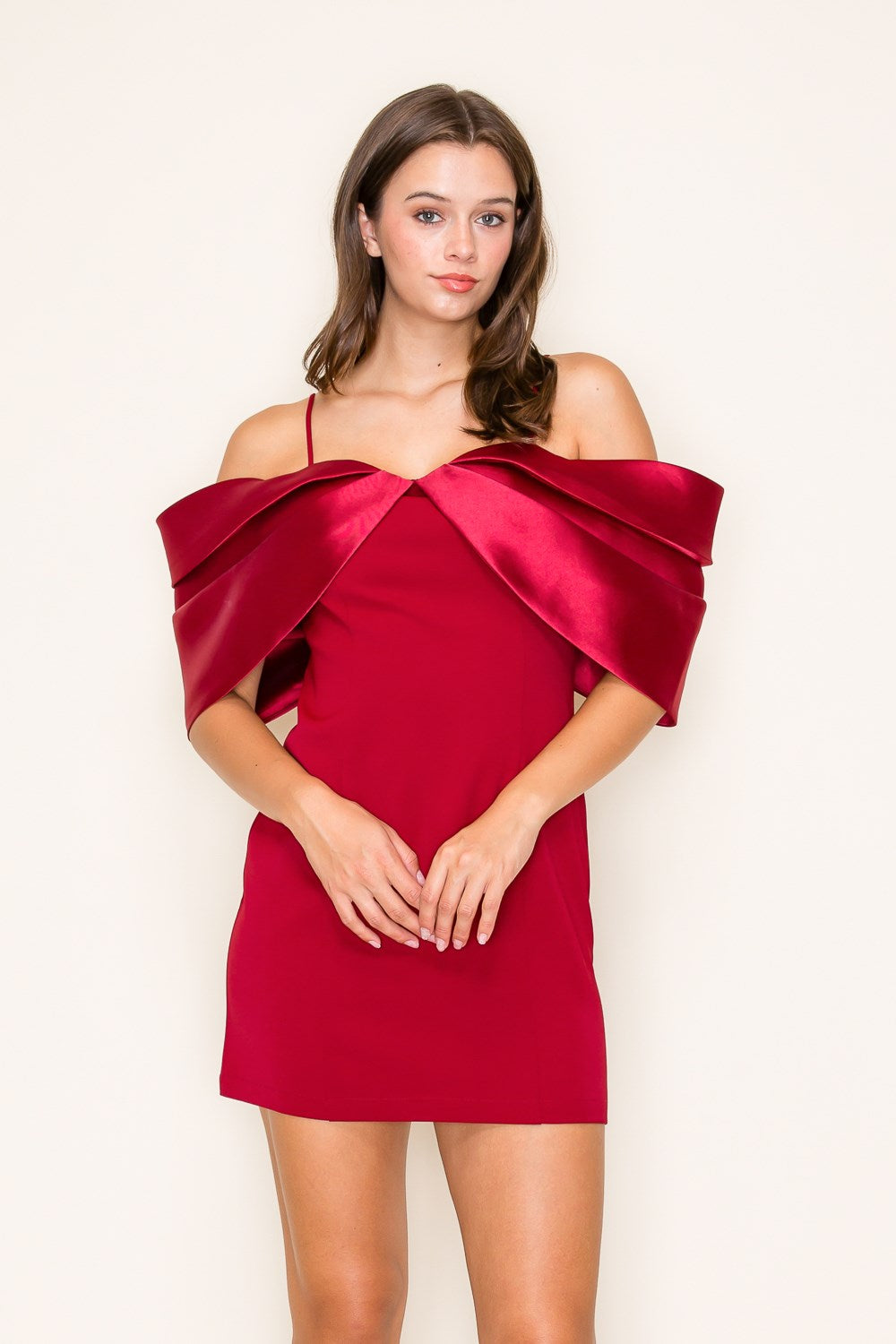 contrast satin off the shoulder bow dress