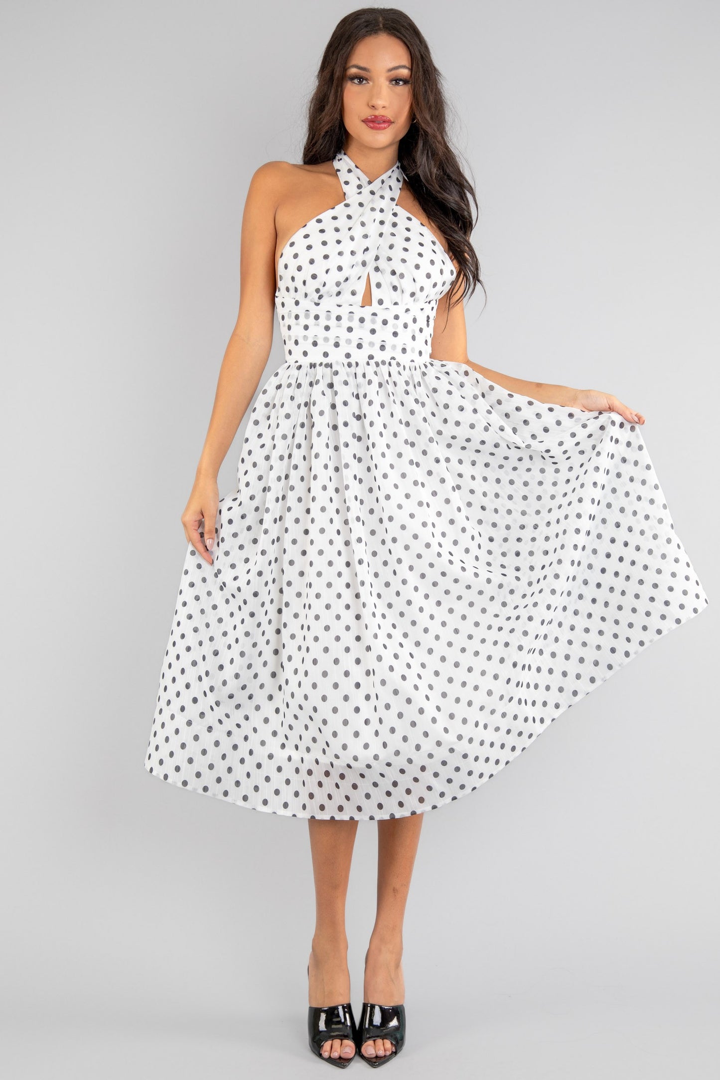 polka dot cross over halter fit & flare midi dress