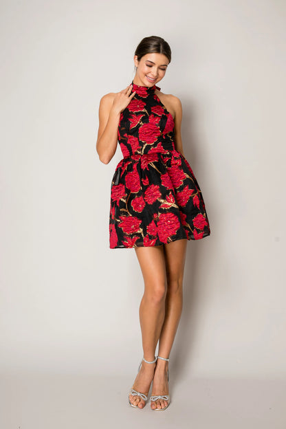 floral jacquard fit & flare halter dress