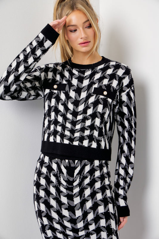 Houndstooth Knit Long Sleeve Top