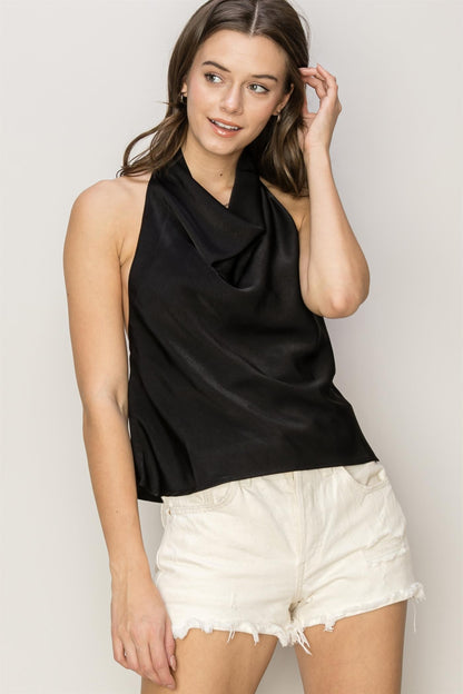 satin low back cowl neck halter top