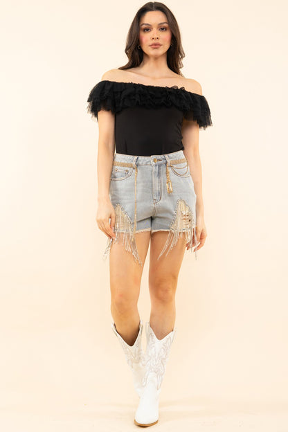 tulle ruffle off the shoulder bodysuit