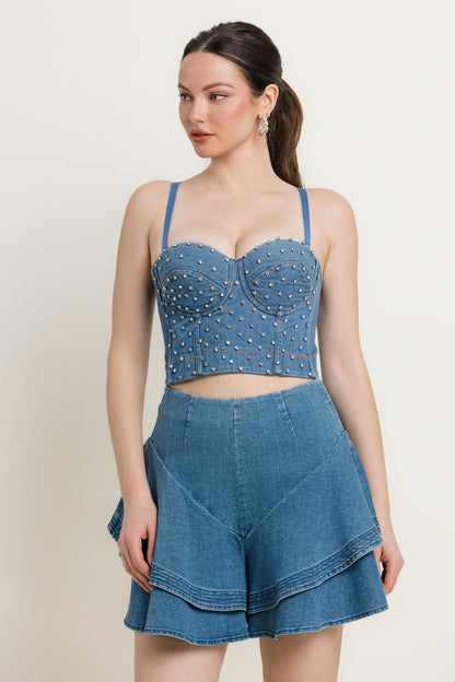 rhinestone studded denim bustier top