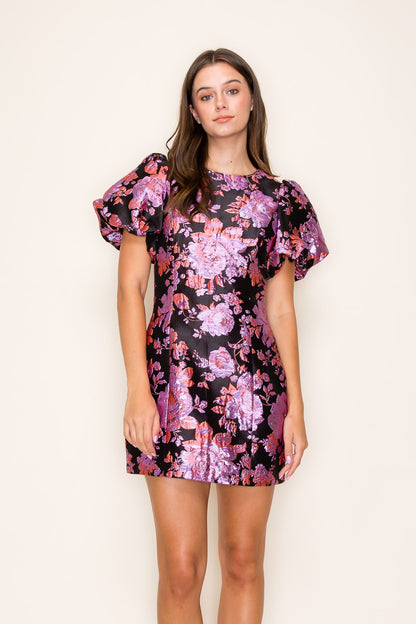 metallic floral jacquard puff sleeve dress