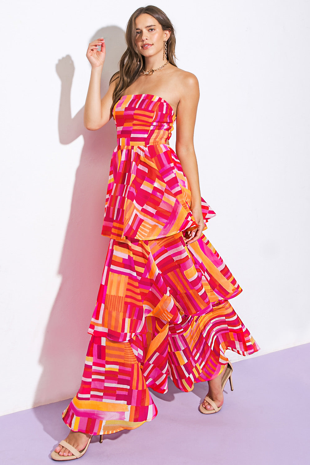 print layered strapless maxi dress