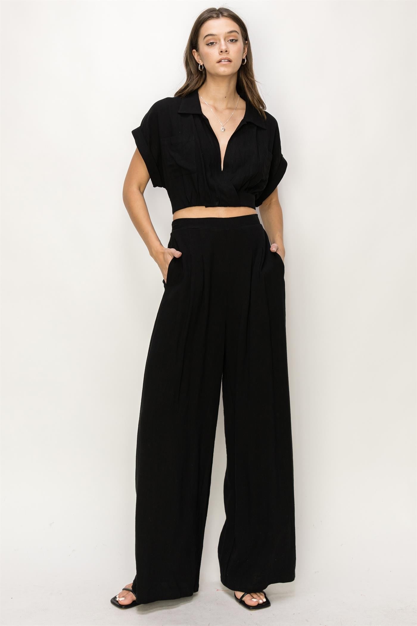 2pc set-surplice crop blouse & pleated high waist pants