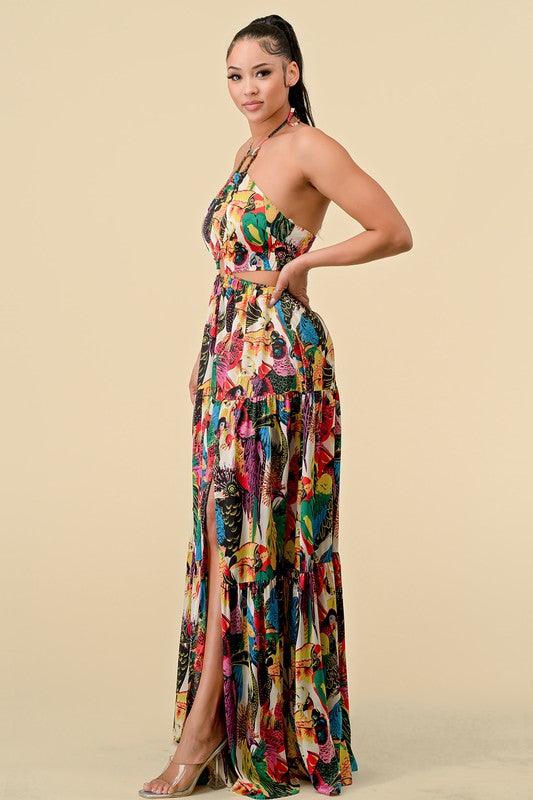 parrot print cut out halter maxi dress - RK Collections Boutique