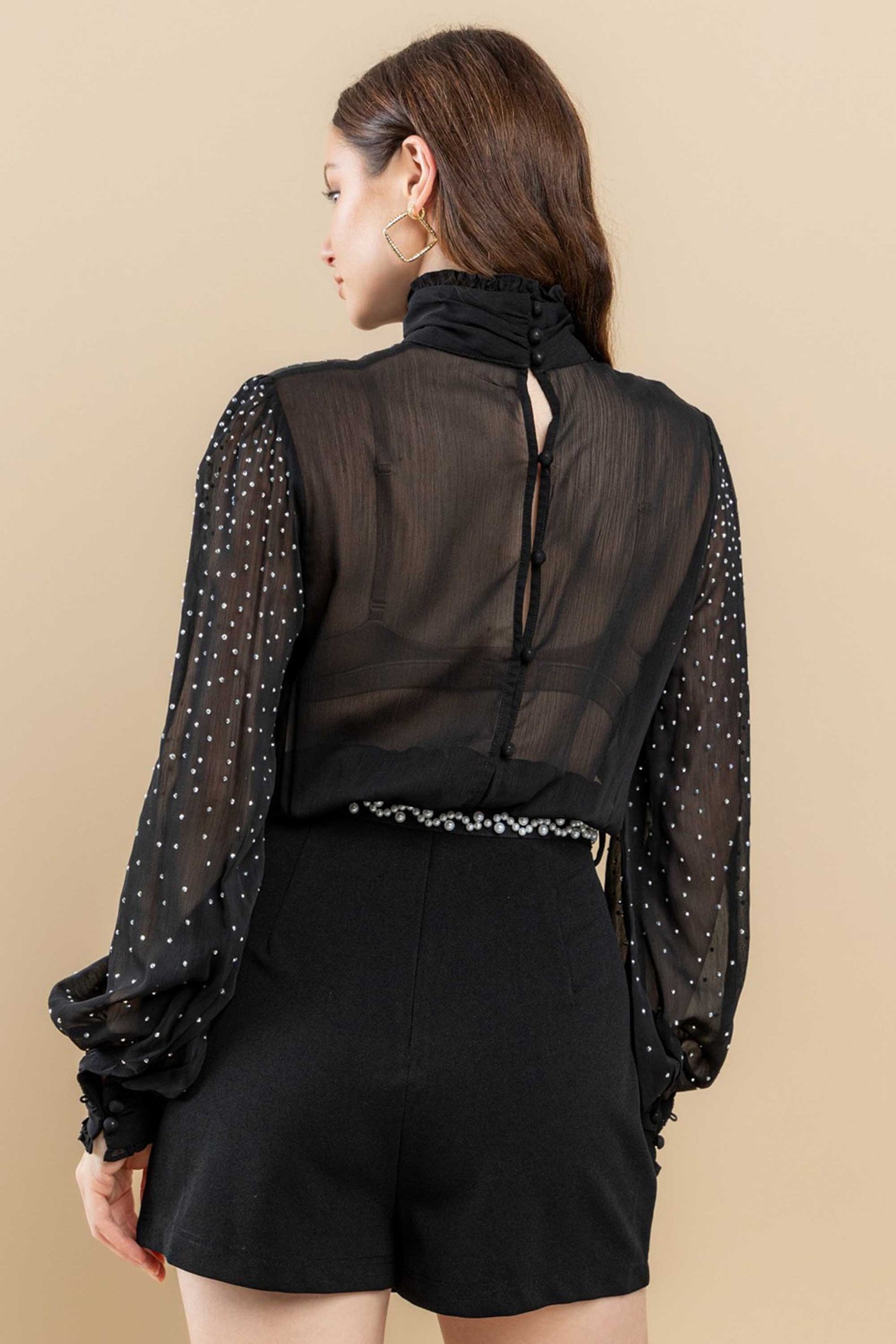 sheer mock neck studded long sleeve romper