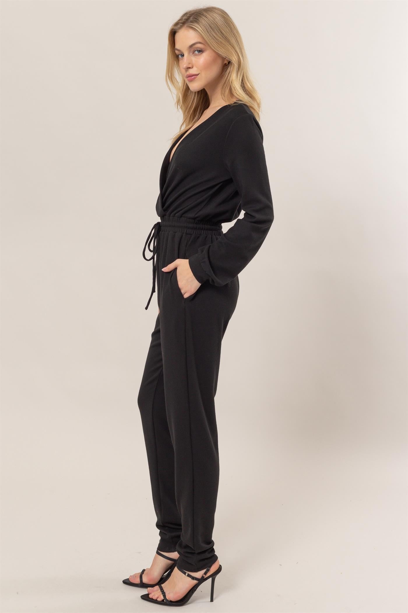 Knit Surplice Drawstring Jumpsuit