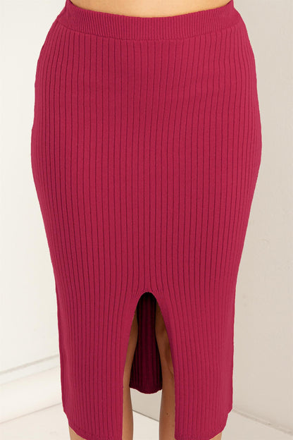 front slit ribbed knit skirt