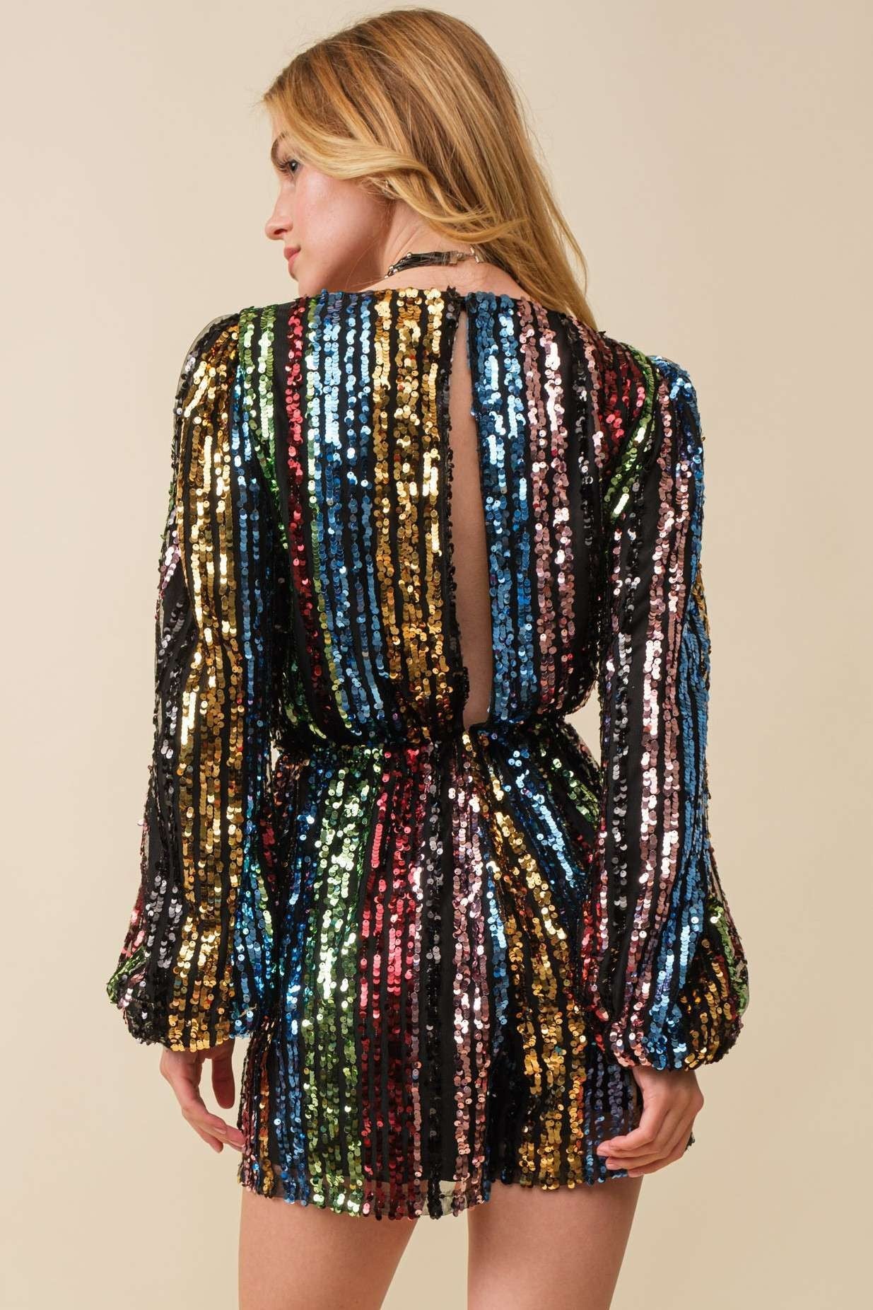 Multi Stripe Sequin Wrap Romper