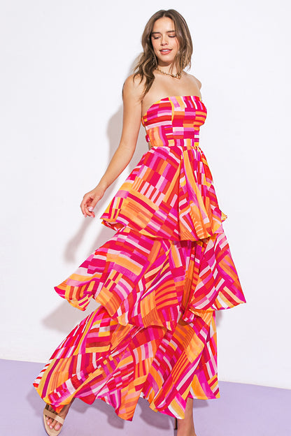 print layered strapless maxi dress