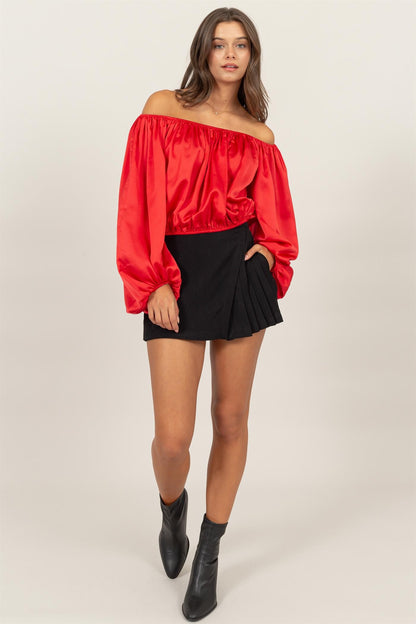 satin off the shoulder balloon sleeve top