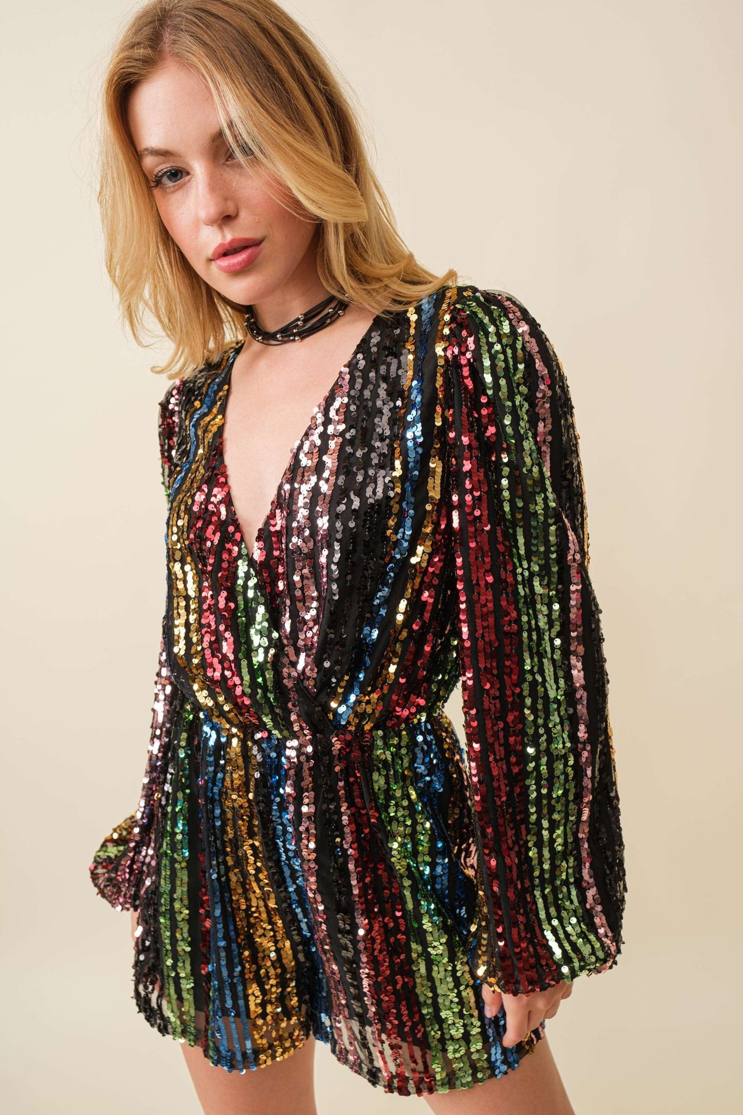 Multi Stripe Sequin Wrap Romper