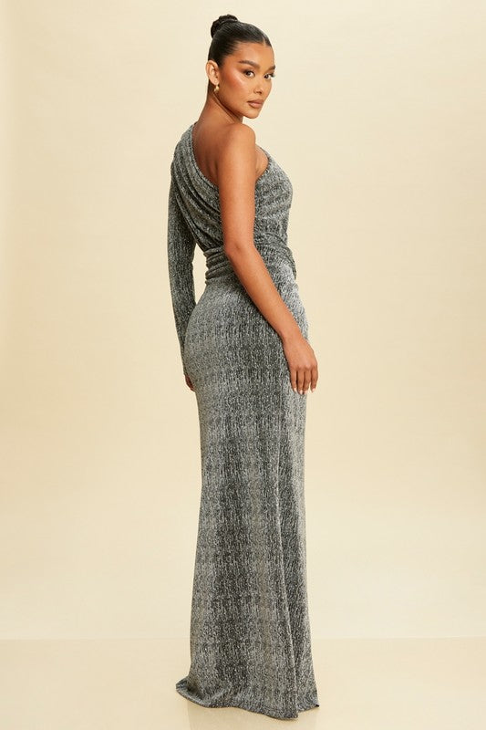 lurex knit one shoulder maxi dress