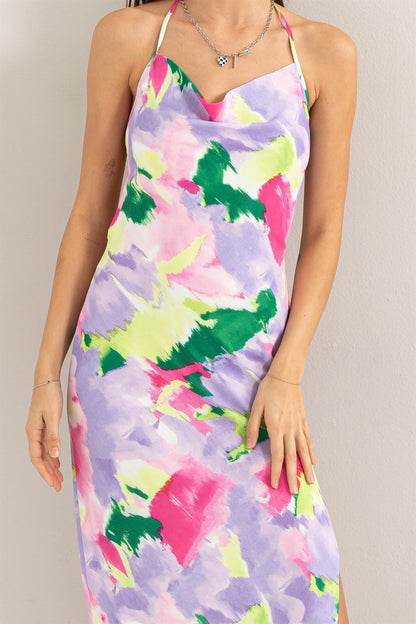 watercolor print sleeveless backless maxi dress