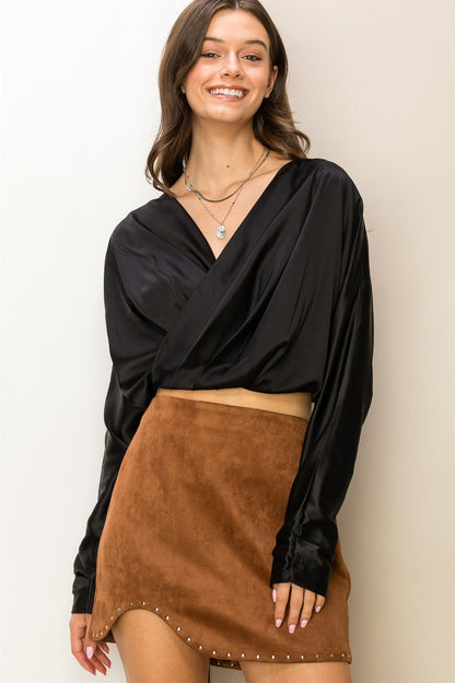 satin double v dolman crop top