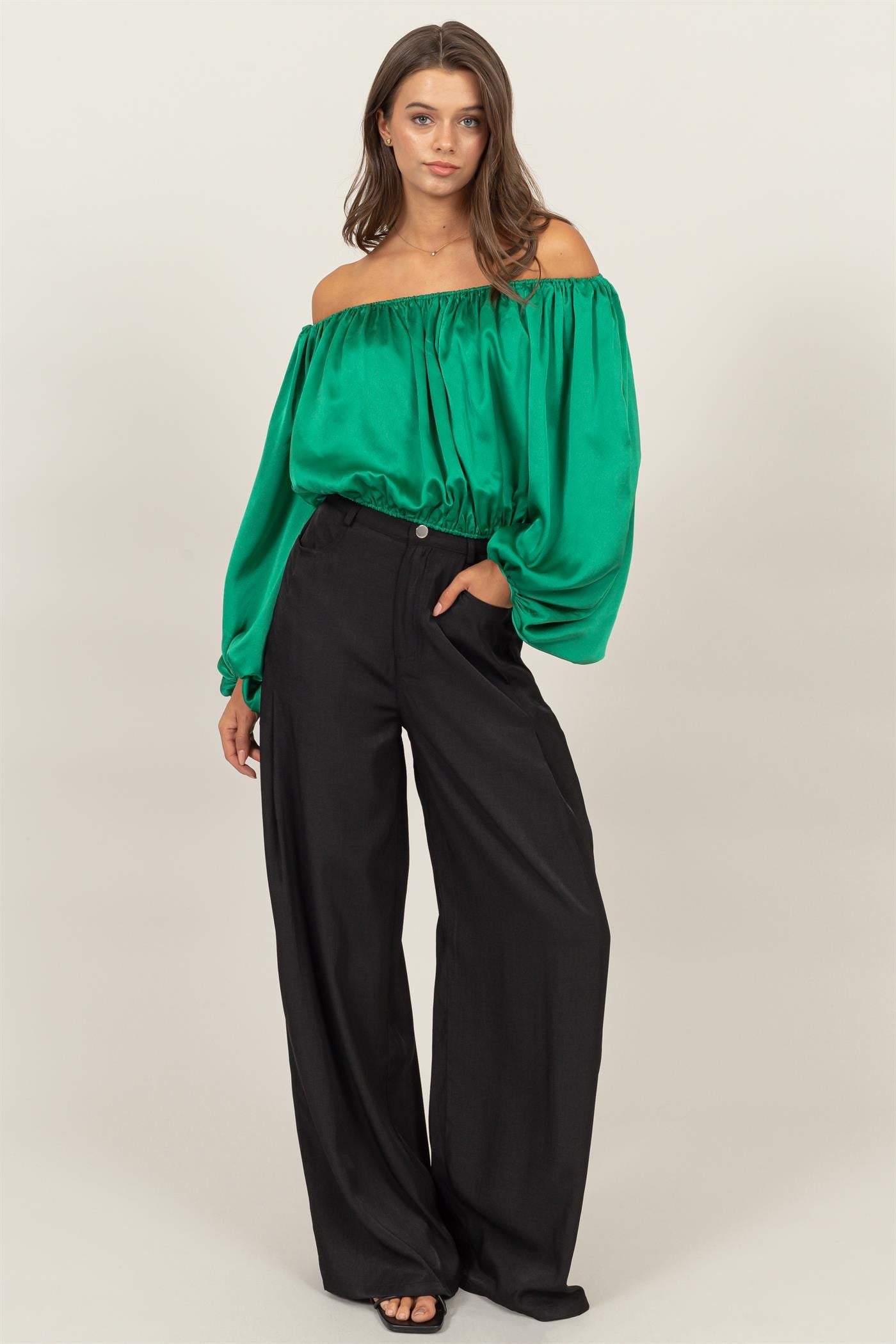 satin off the shoulder balloon sleeve top