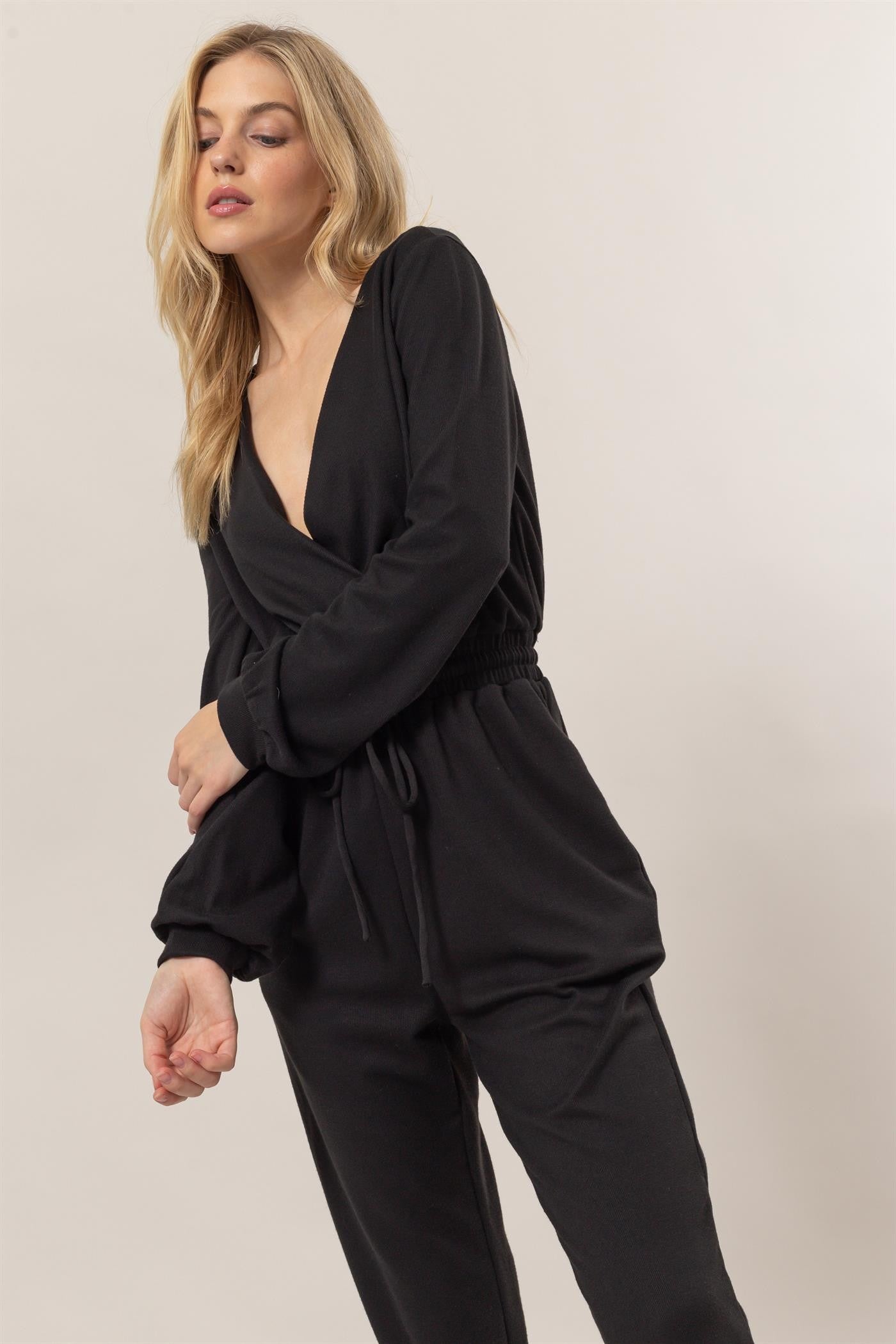 Knit Surplice Drawstring Jumpsuit