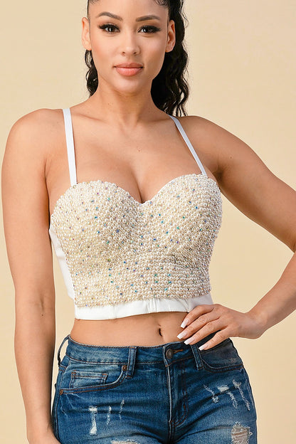 pearl beaded crop bustier top