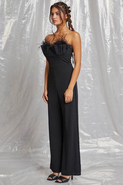 feather bustier strapless jumpsuit