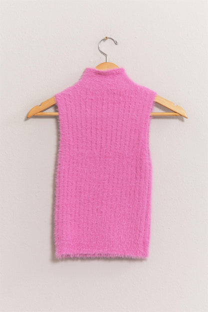 fuzzy mock neck sleeveless knit top