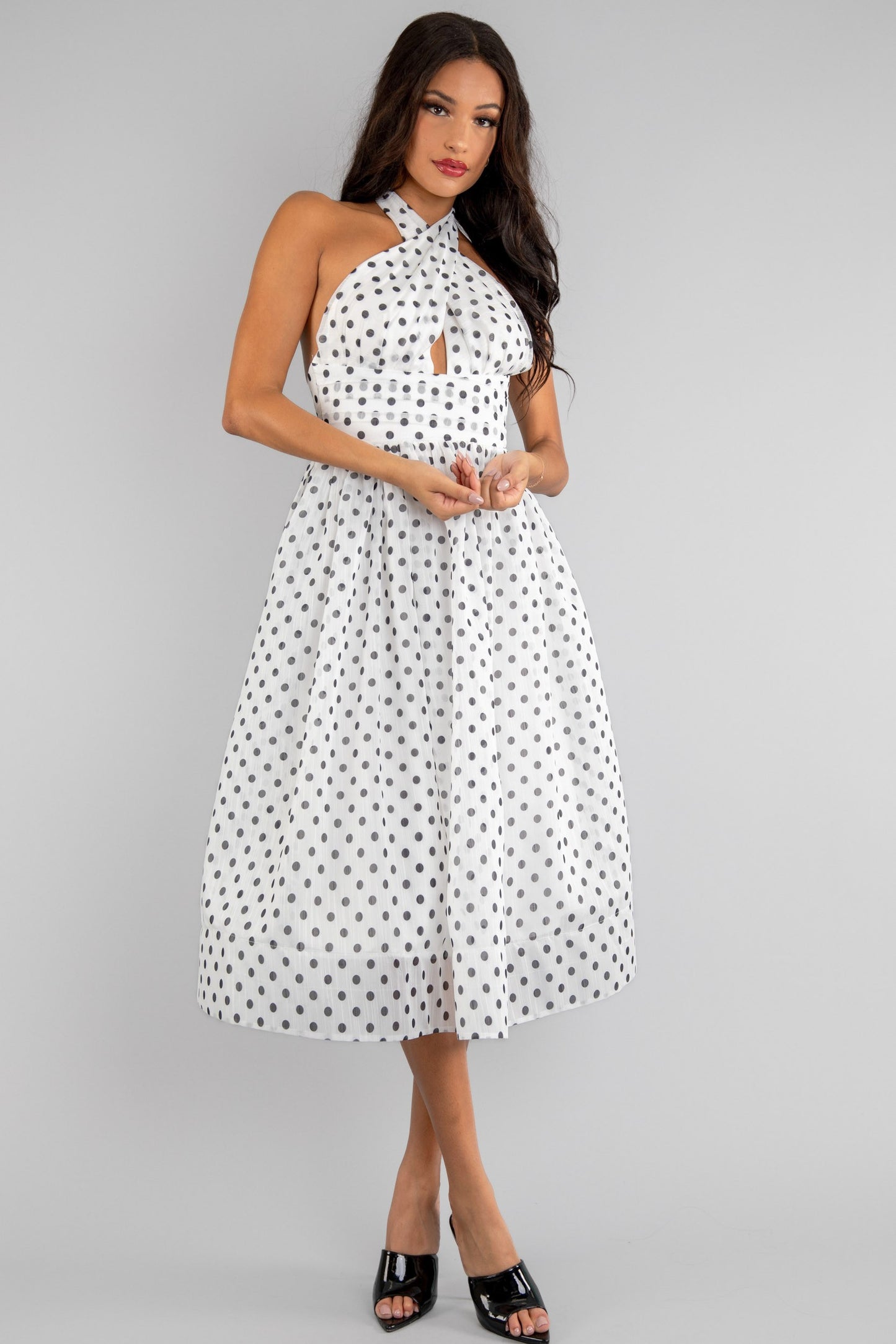 polka dot cross over halter fit & flare midi dress