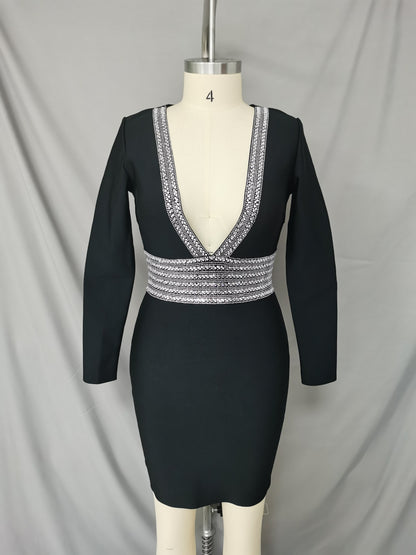 rhinestone deep v neck long sleeve bandage dress