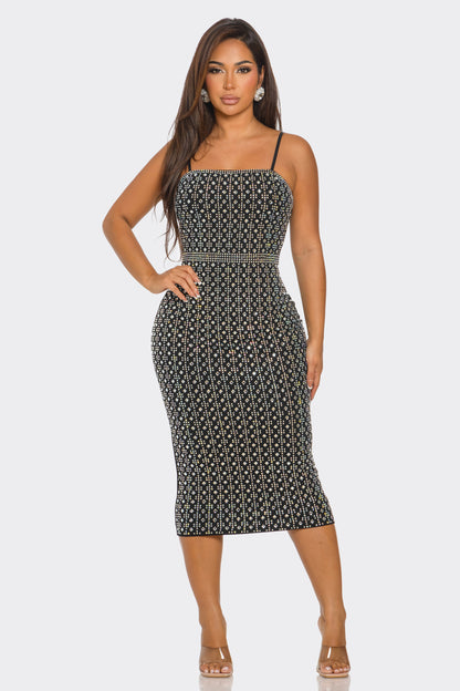 all over rhinestone sleeveless midi dress