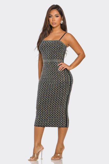 all over rhinestone sleeveless midi dress