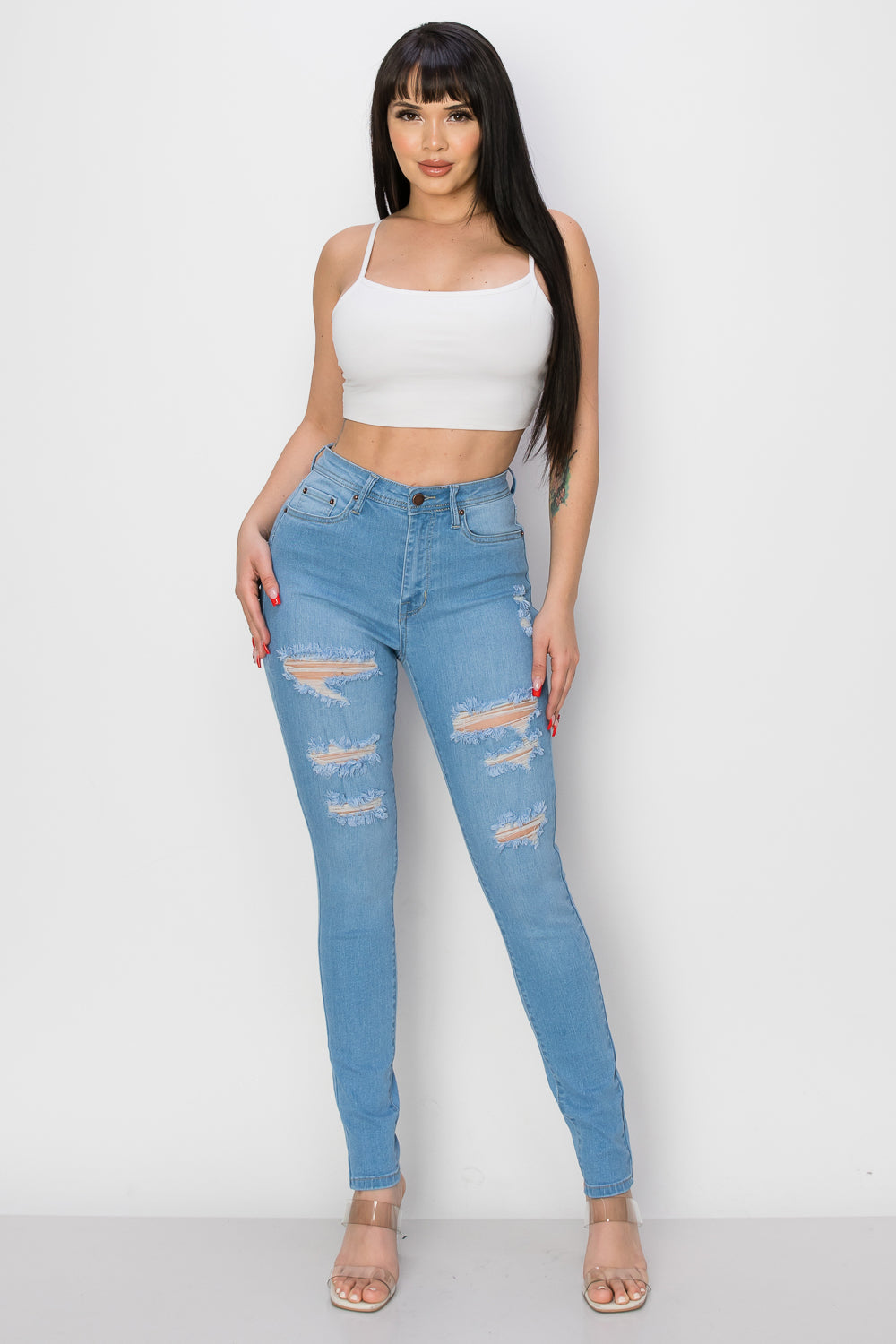 BO-308 stretch high waist distressed skinny jeans