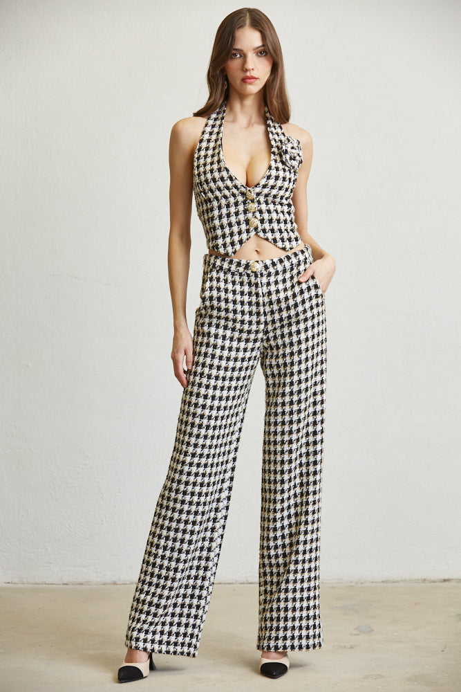 2pc set- tweed houndstooth vest & wide leg pant