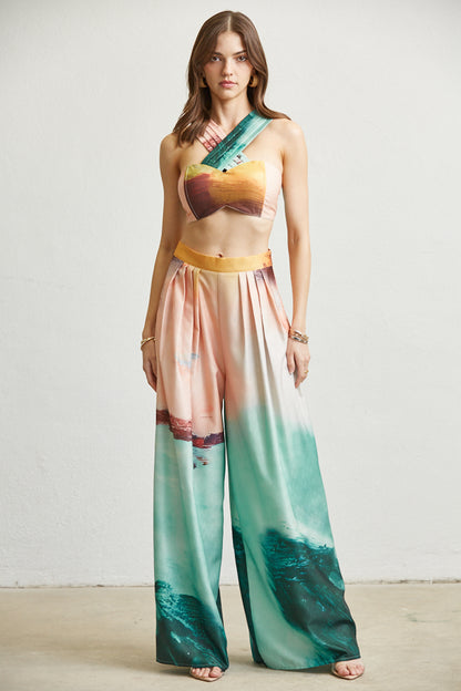 2pc set- ocean print crop top & wide leg pants