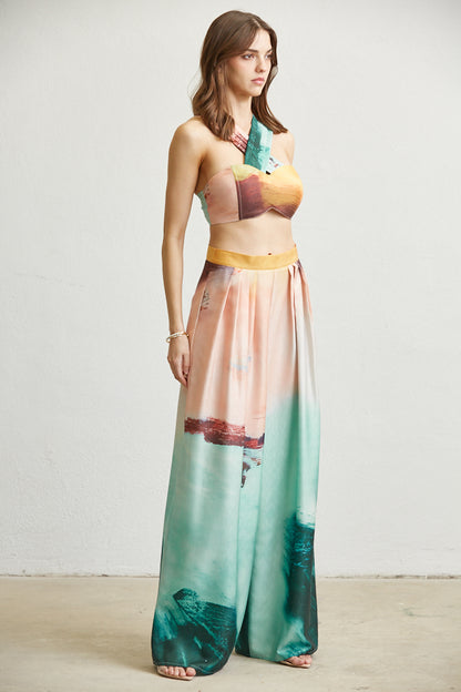 2pc set- ocean print crop top & wide leg pants