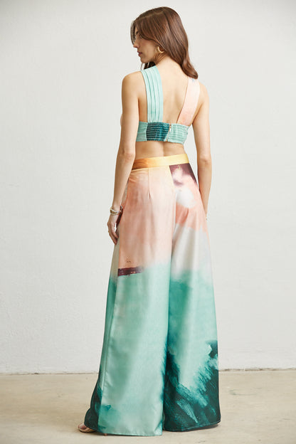 2pc set- ocean print crop top & wide leg pants