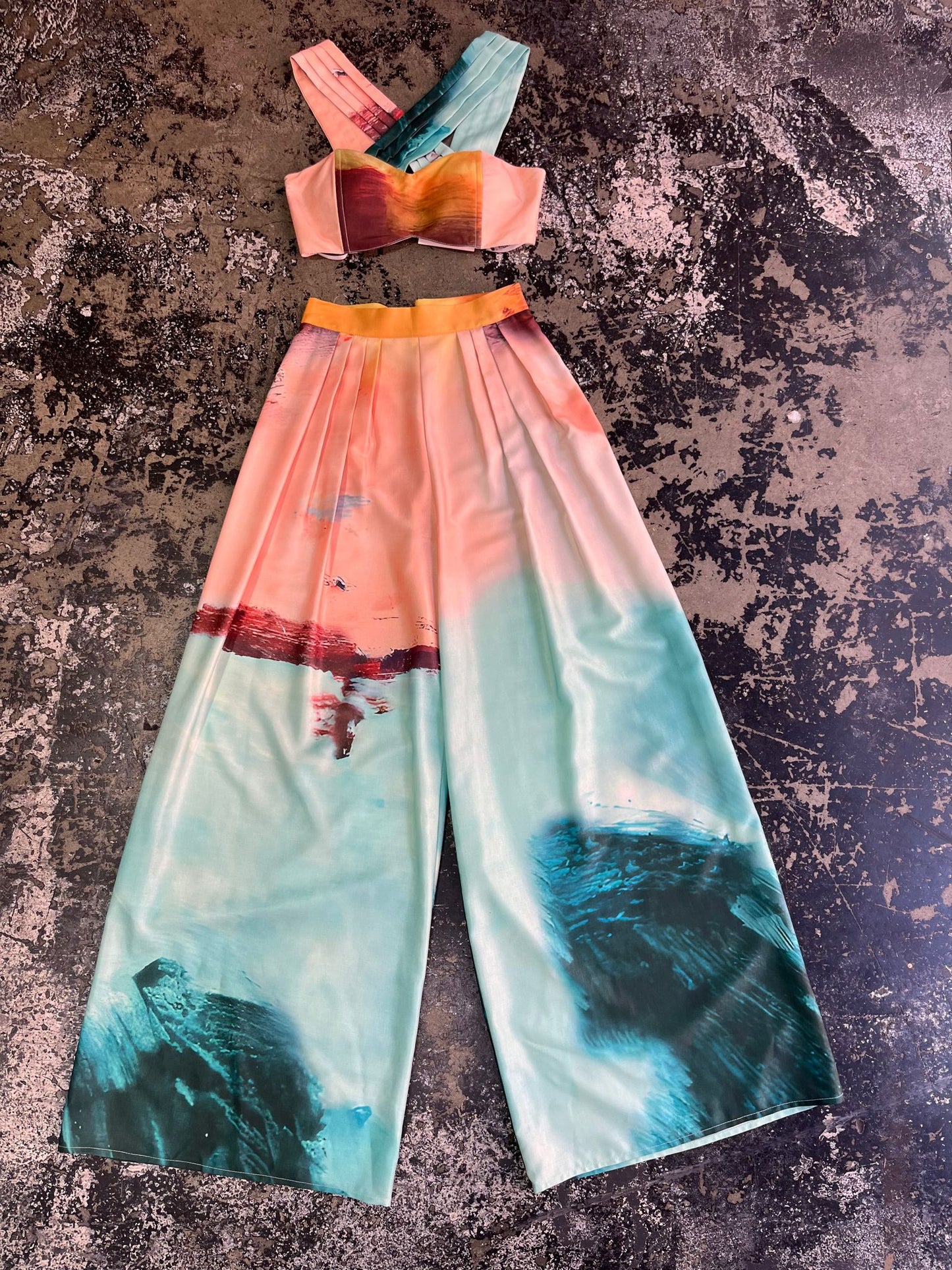 2pc set- ocean print crop top & wide leg pants