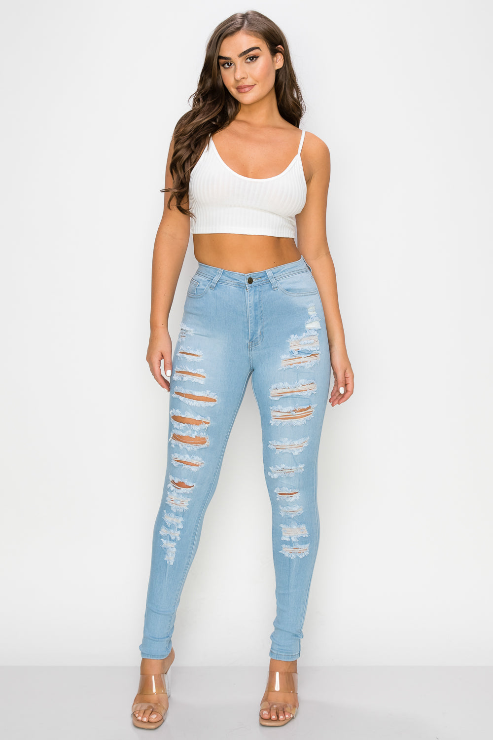 LO-199 high waist stretch slashed skinny jeans