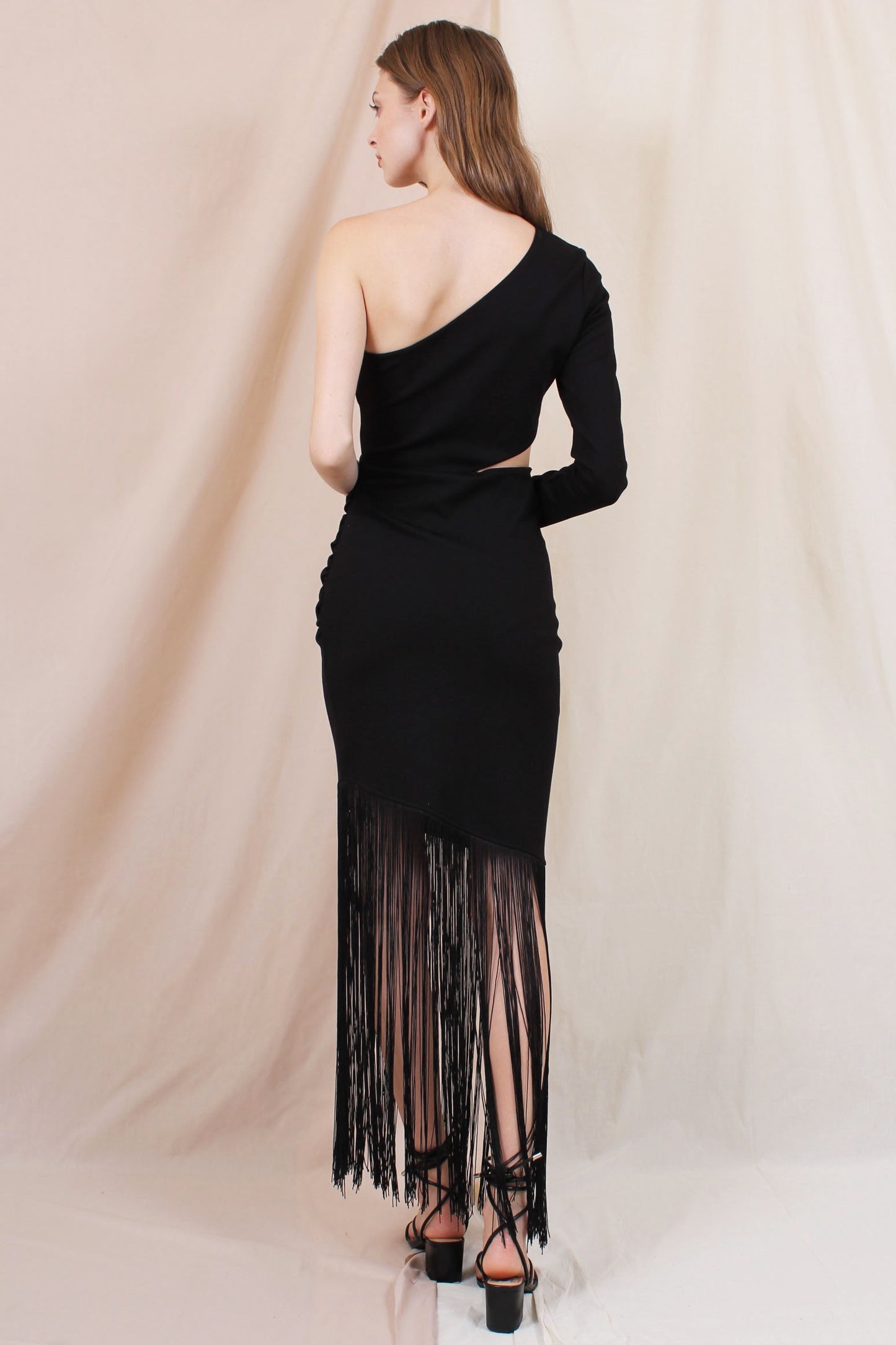 one shoulder cutout side fringe hem dress