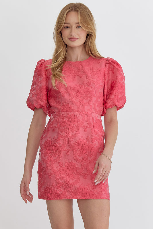 brocade puff short sleeve open back dress