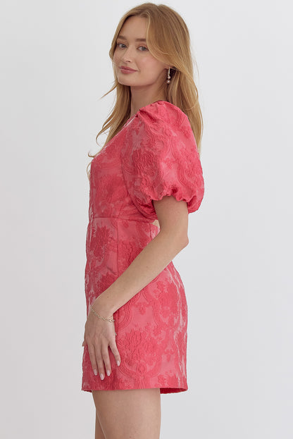 brocade puff short sleeve open back dress