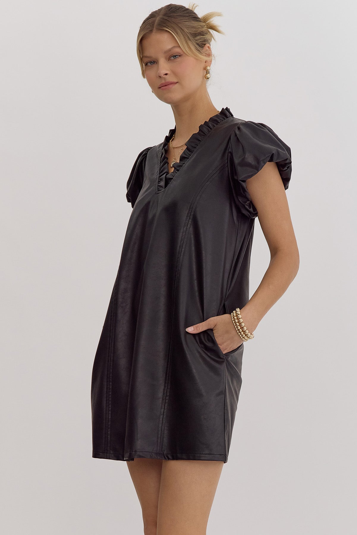 faux leather puff sleeve ruffled v neck dress