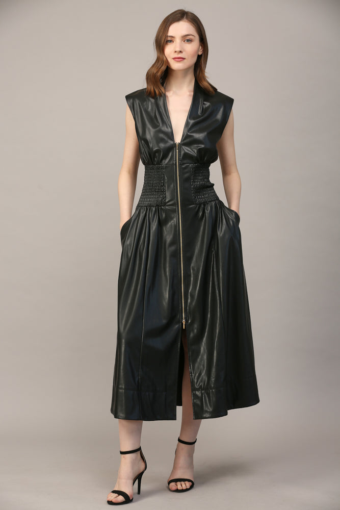 faux leather v-neck smocked waist a-line midi dress