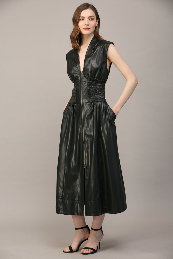 faux leather v-neck smocked waist a-line midi dress